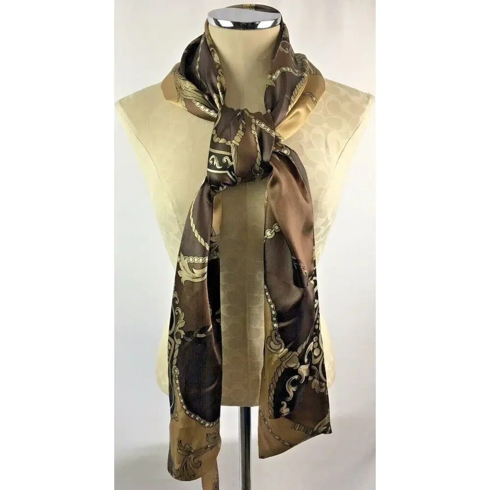 Size 1X Dennis by Dennis‎ Basso Scarf Brown Gold Classic Chain Print Satin
